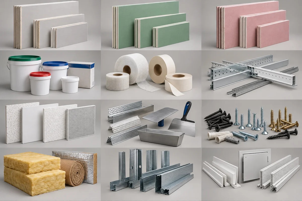 Illustrative assortment of drywall & ceilings products in multiple sizes and configurations