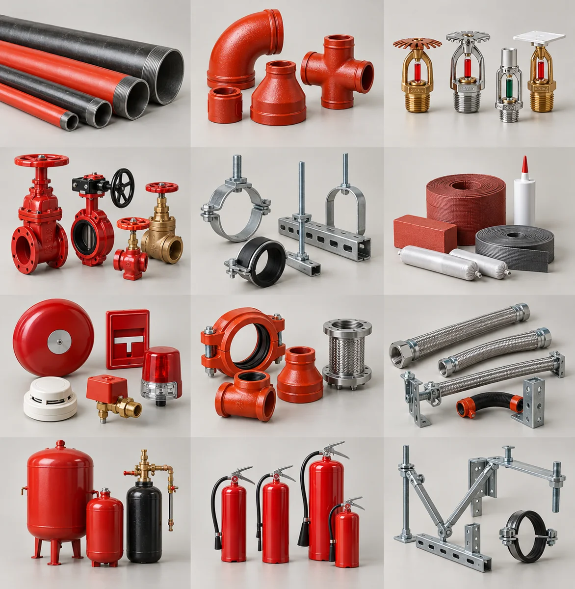 Illustrative assortment of fire protection materials products in multiple sizes and configurations