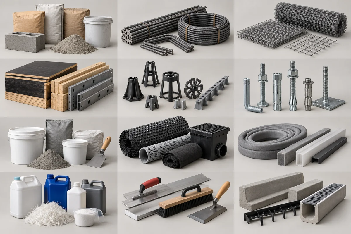 Illustrative assortment of foundation & concrete products in multiple sizes and configurations