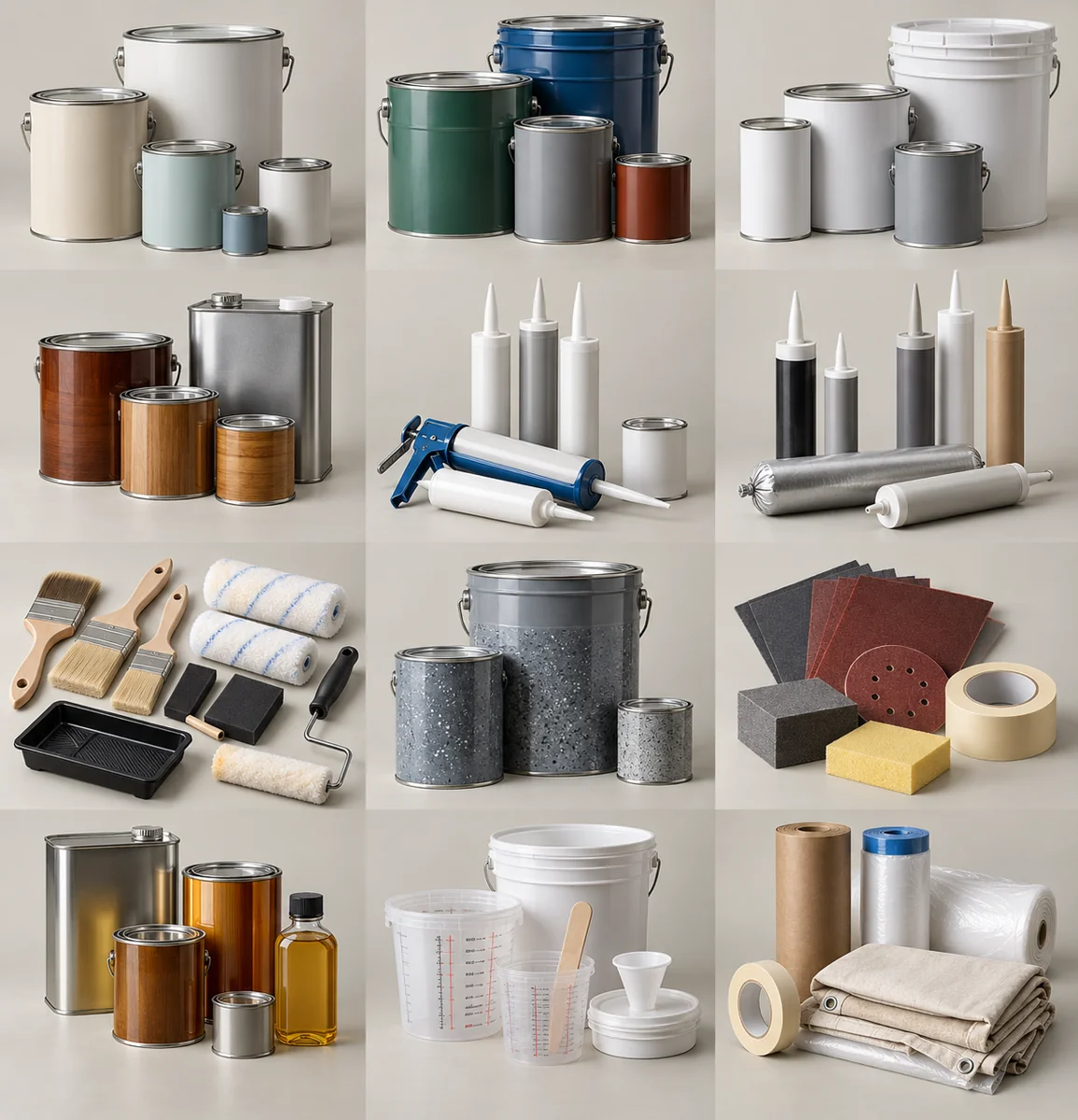 Illustrative assortment of paint & finishes products in multiple sizes and configurations