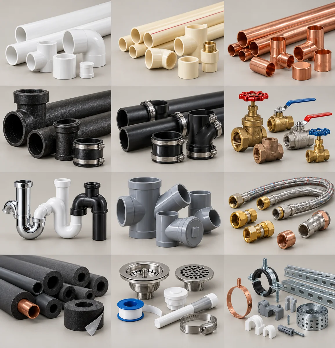 Illustrative assortment of plumbing supplies products in multiple sizes and configurations