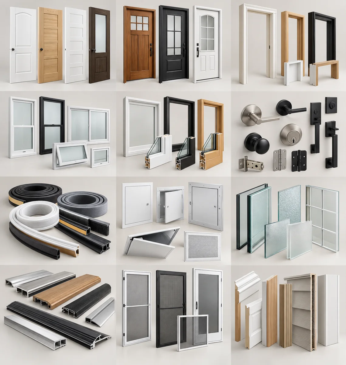 Illustrative assortment of windows & doors products in multiple sizes and configurations